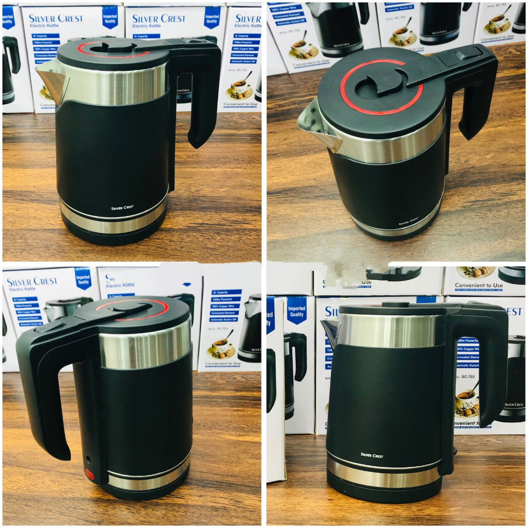 Silver Crest Electric Kettle – 2L Stainless Steel Water Boiler with 1500W Concealed German Element, Auto Shut-Off & 360° Rotating Base | Tea, Coffee, Eggs & Milk | Stylish Double Body Design