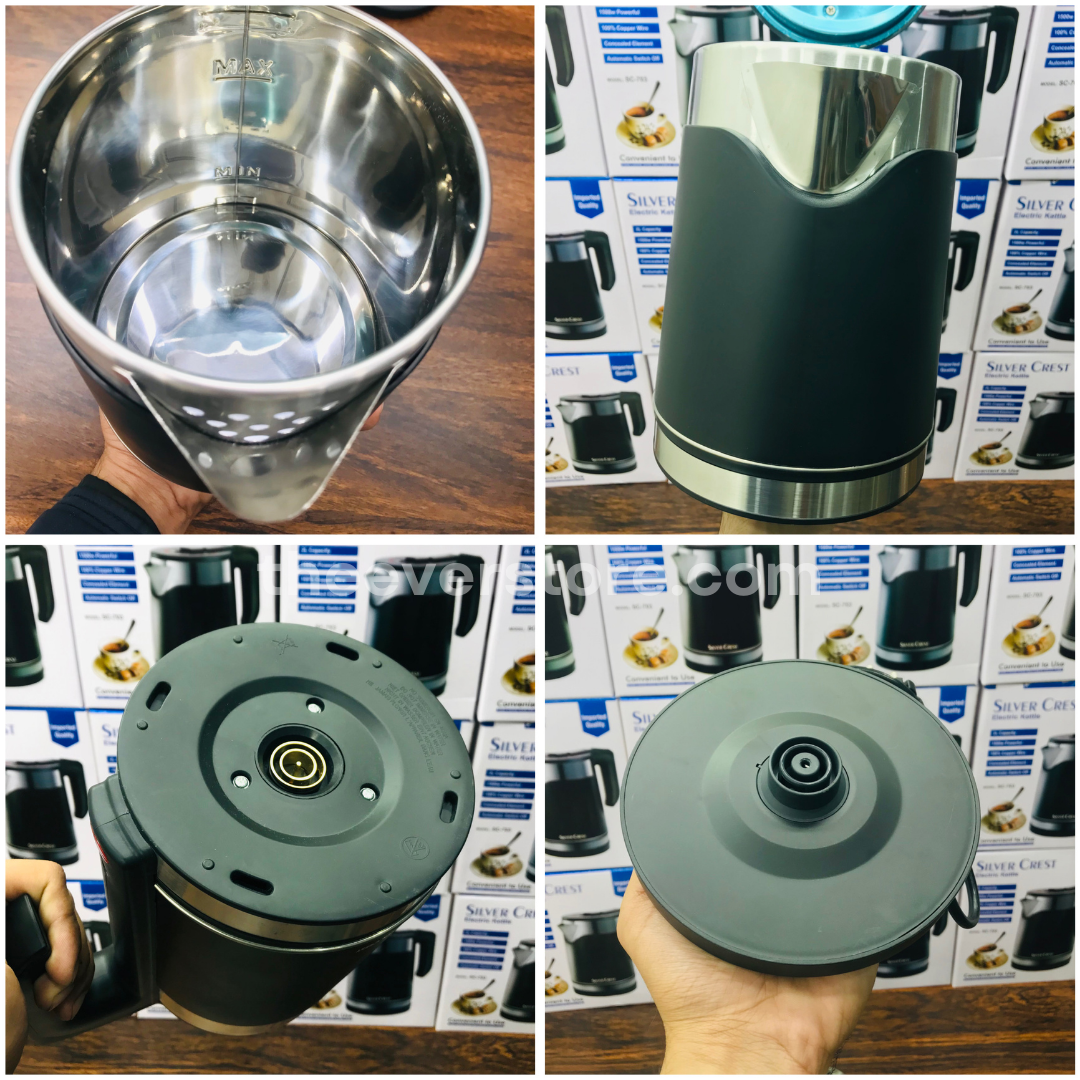 Silver Crest Electric Kettle – 2L Stainless Steel Water Boiler with 1500W Concealed German Element, Auto Shut-Off & 360° Rotating Base | Tea, Coffee, Eggs & Milk | Stylish Double Body Design