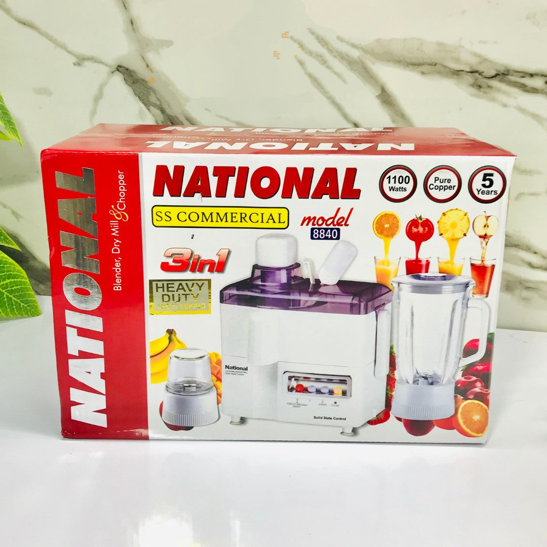 National 3-in-1 Blender – 1100W High-Speed Juicer, Grinder & Blender with Stainless Steel Blades, 1000ml Glass Jug & Copper Motor | Heavy-Duty Kitchen Appliance for Smoothies, Juices & More