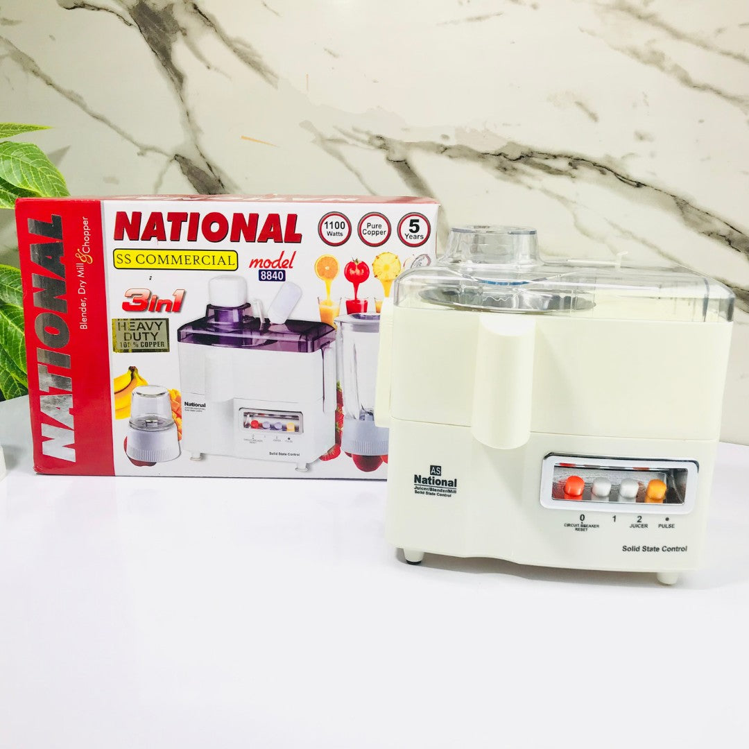 National 3-in-1 Blender – 1100W High-Speed Juicer, Grinder & Blender with Stainless Steel Blades, 1000ml Glass Jug & Copper Motor | Heavy-Duty Kitchen Appliance for Smoothies, Juices & More