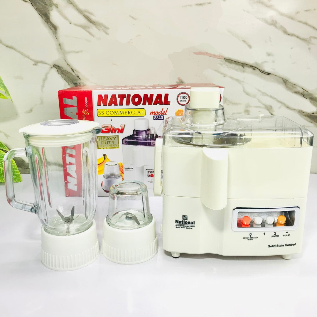 National 3-in-1 Blender – 1100W High-Speed Juicer, Grinder & Blender with Stainless Steel Blades, 1000ml Glass Jug & Copper Motor | Heavy-Duty Kitchen Appliance for Smoothies, Juices & More