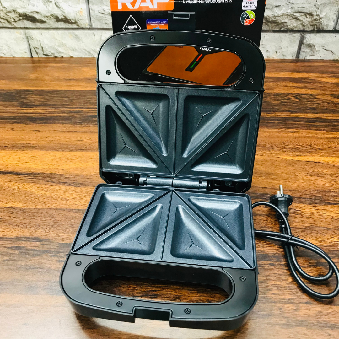 RAF 4-Slice Sandwich Maker – 1200W Non-Stick Toaster with Double-Sided Heating, Thermostat Control & Cool-Touch Housing | Easy Clean, Safety Lock | 220V