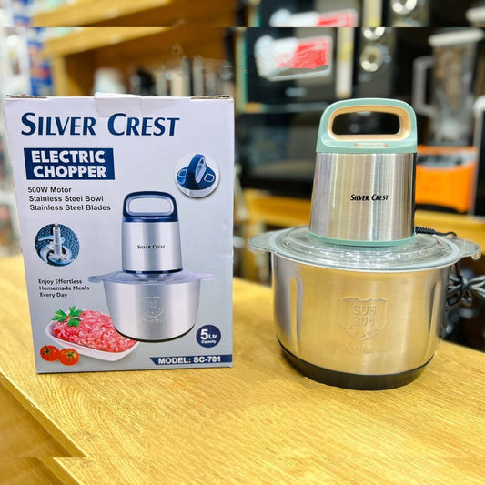Silver Crest 5L Electric Food Chopper – Powerful 600W Processor with 5 Stainless Steel Blades for Chopping, Grinding, Pureeing & Shredding | Ideal for Family Meal Prep & Baby Food | Durable & Easy to Clean