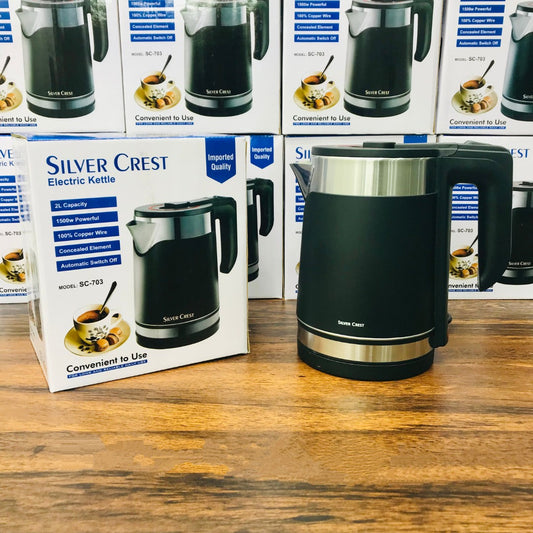 Silver Crest Electric Kettle – 2L Stainless Steel Water Boiler with 1500W Concealed German Element, Auto Shut-Off &amp; 360° Rotating Base | Tea, Coffee, Eggs &amp; Milk | Stylish Double Body Design