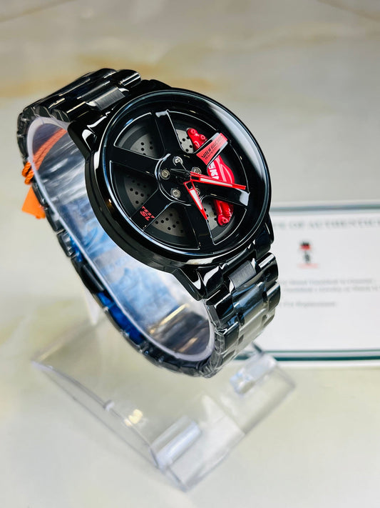 Skmei Wheel Watch – Spinner Wheel Design, Red Brake Cover, Black Titanium Case, 39mm Dial, PVD Vacuum Plated | 6-Month Machine Warranty
