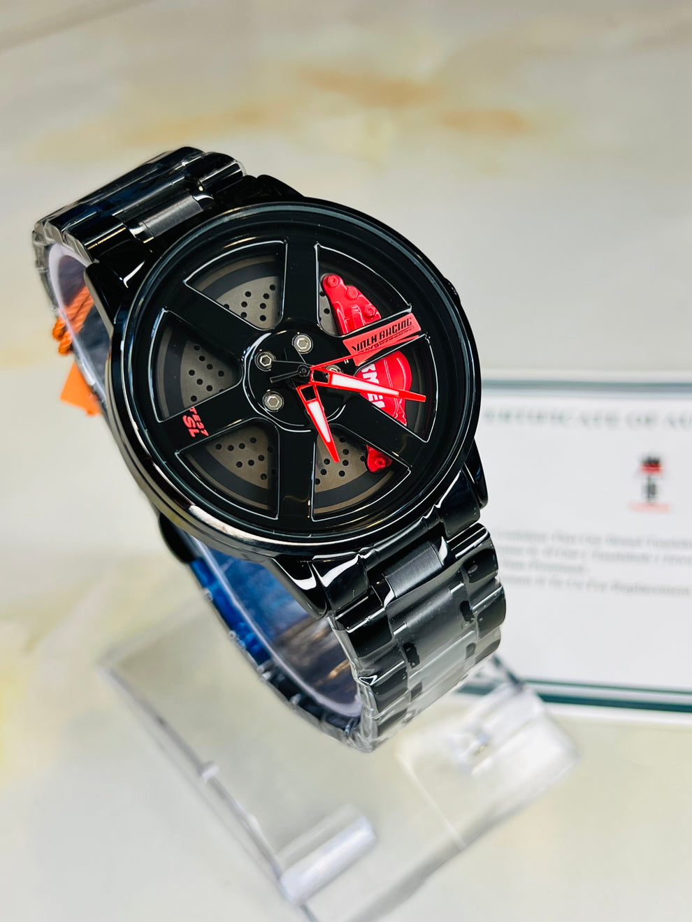 Skmei Wheel Watch – Spinner Wheel Design, Red Brake Cover, Black Titanium Case, 39mm Dial, PVD Vacuum Plated | 6-Month Machine Warranty