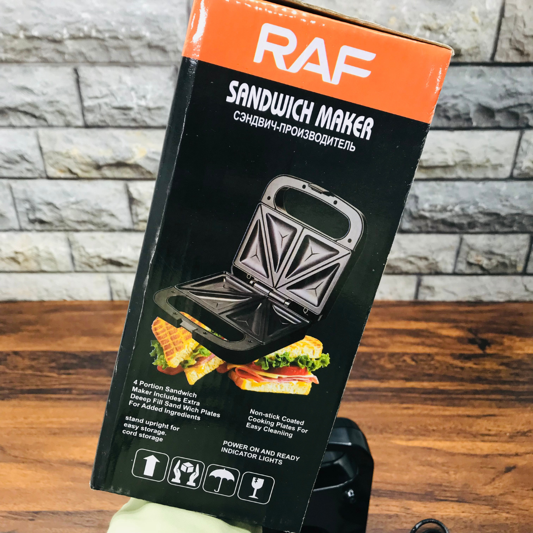RAF 4-Slice Sandwich Maker – 1200W Non-Stick Toaster with Double-Sided Heating, Thermostat Control & Cool-Touch Housing | Easy Clean, Safety Lock | 220V