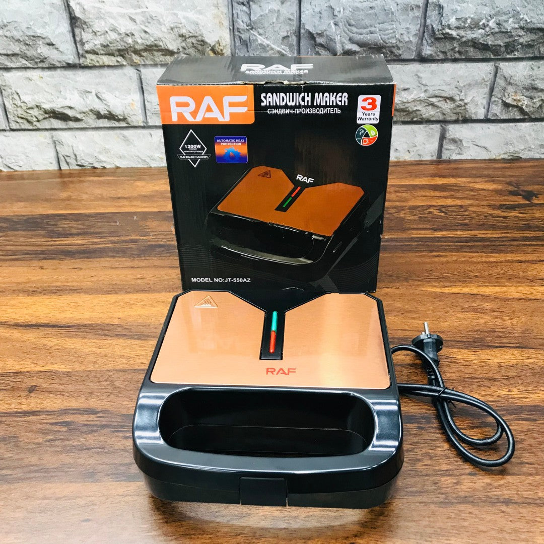 RAF 4-Slice Sandwich Maker – 1200W Non-Stick Toaster with Double-Sided Heating, Thermostat Control & Cool-Touch Housing | Easy Clean, Safety Lock | 220V