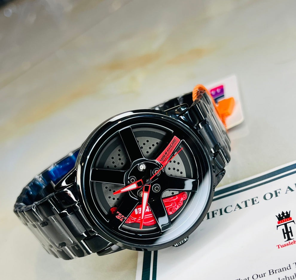 Skmei Wheel Watch – Spinner Wheel Design, Red Brake Cover, Black Titanium Case, 39mm Dial, PVD Vacuum Plated | 6-Month Machine Warranty